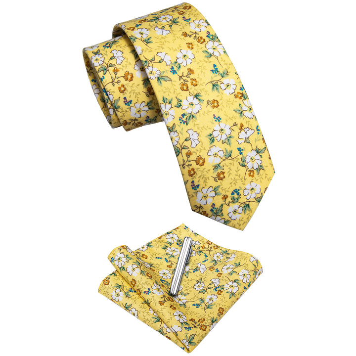  Light Yellow White Floral Printed Skinny Tie Set with Tie Clip