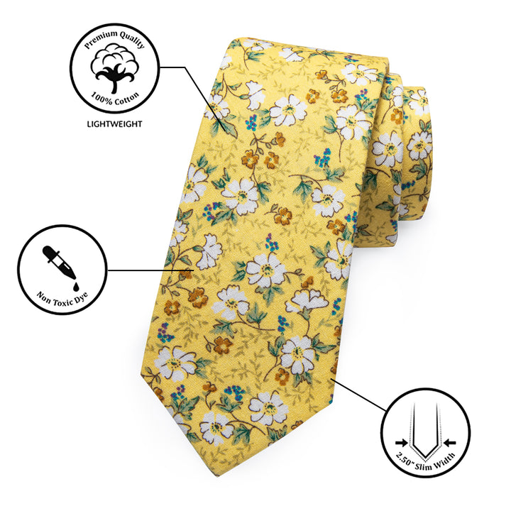  Light Yellow White Floral Printed Skinny Tie Set with Tie Clip