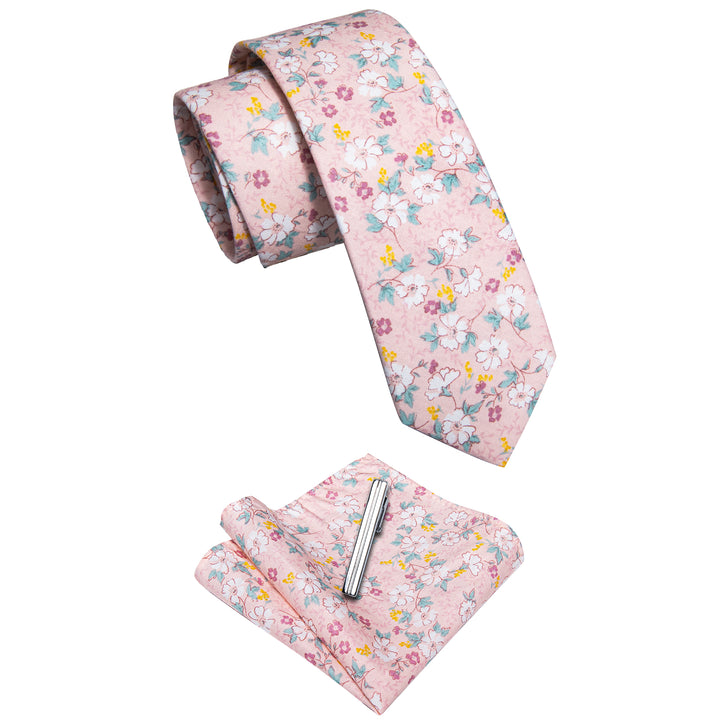 necktie hanky clip set for men  pink floral ties