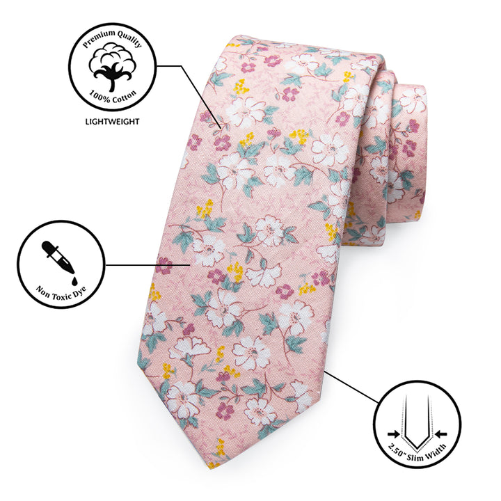 Baby Pink Necktie Floral Printed Skinny Tie Set with Tie