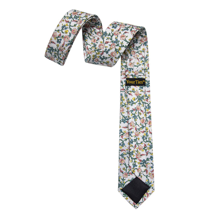 Pink Green Floral Printed Skinny Men's Tie Set with Tie Clip