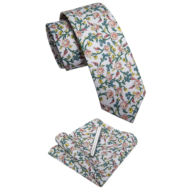 Pink Green Floral Printed Skinny Men's Tie Set with Tie Clip