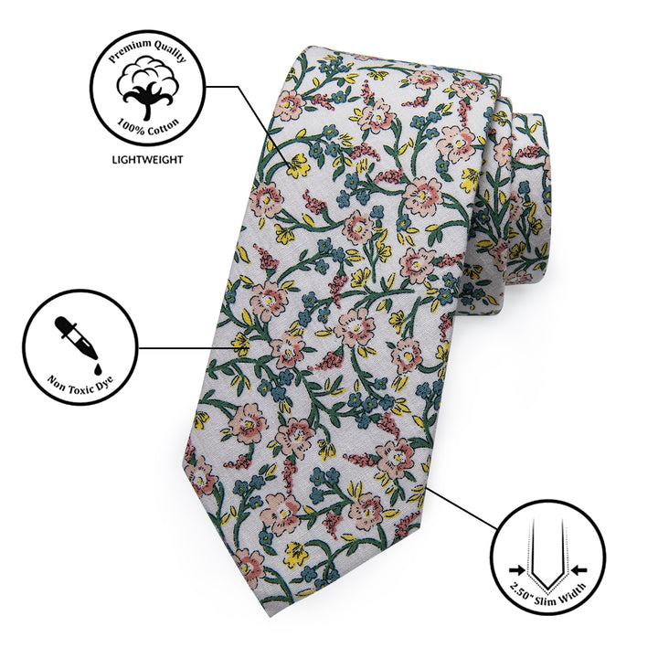 Pink Green Floral Printed Skinny Men's Tie Set with Tie Clip