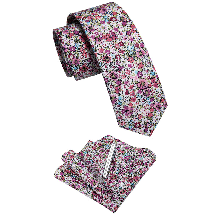 Carmine Red Floral Printed Skinny Necktie Set with Tie Clip