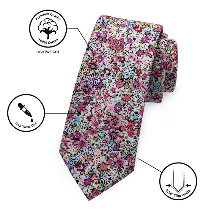 Carmine Red Floral Printed Skinny Necktie Set with Tie Clip