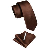 YourTies Coffee Solid Skinny Necktie Pocket Square Set with Tie Clip