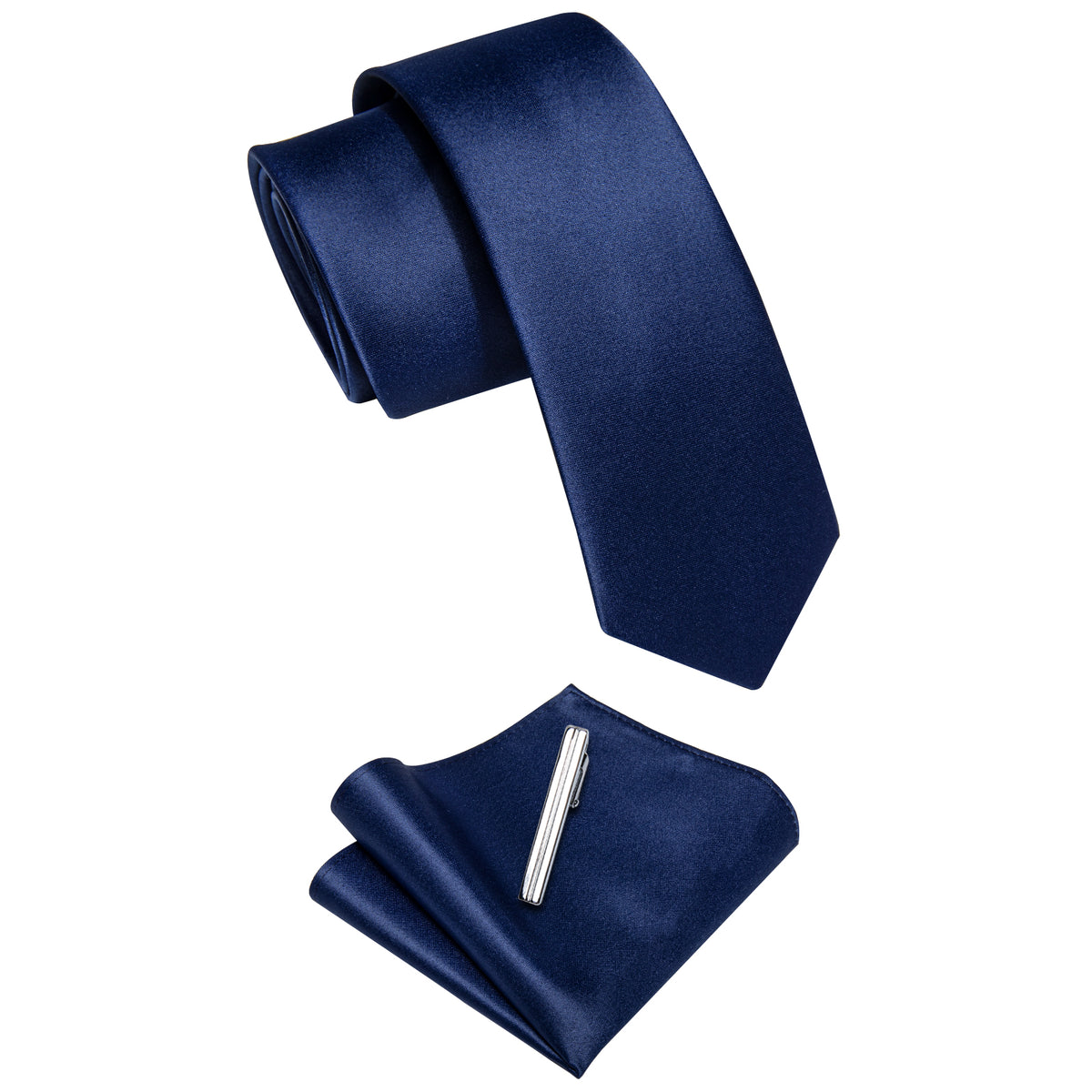YourTies Blue Solid Skinny Necktie Pocket Square Set with Tie Clip