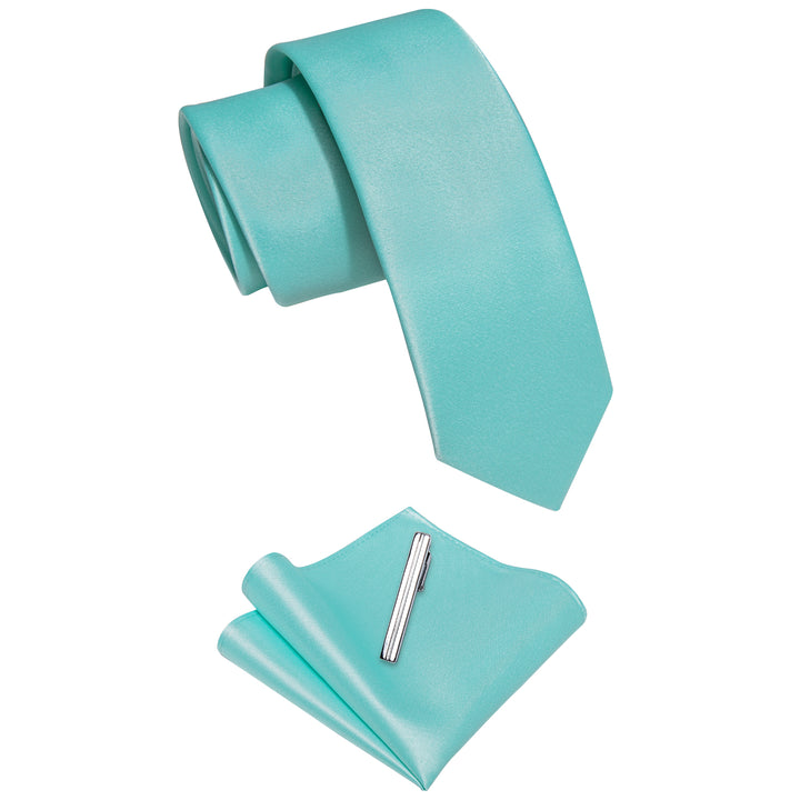  Mint Green Skinny Necktie Pocket Square Set with Tie Clip