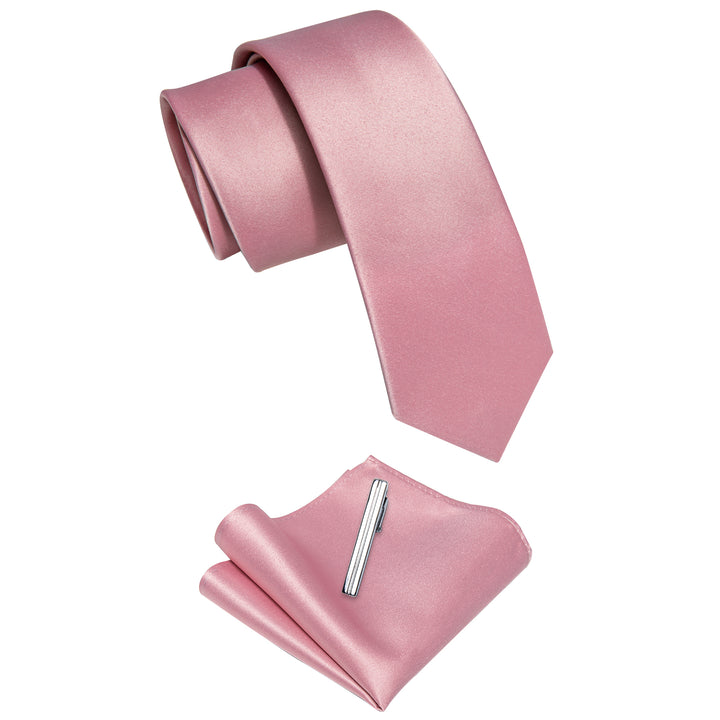 Peach Pink Solid Skinny Necktie Pocket Square Set Tie Clip