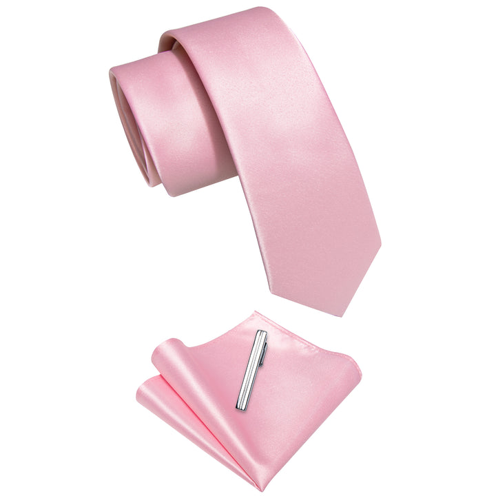 Baby Pink Solid Skinny Necktie Pocket Square Set  Silver Clip