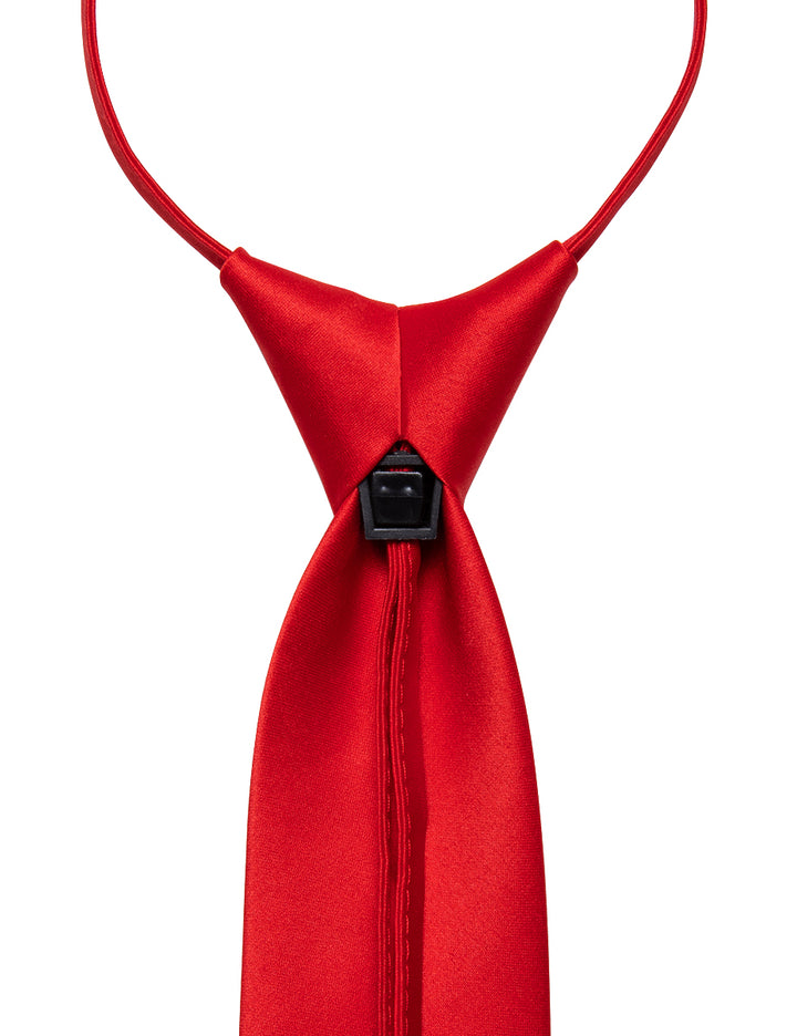  Classic Red Solid Silk Zipper Pre-tied Necktie Hanky Set