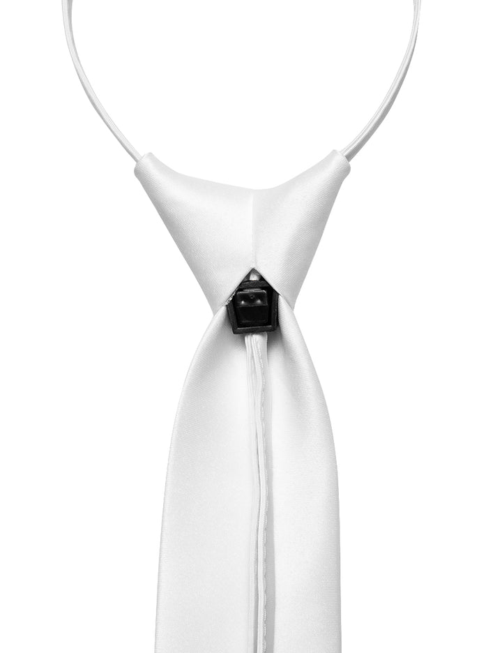 White Solid Silk Zipper Pre-tied Necktie Pocket Square Set