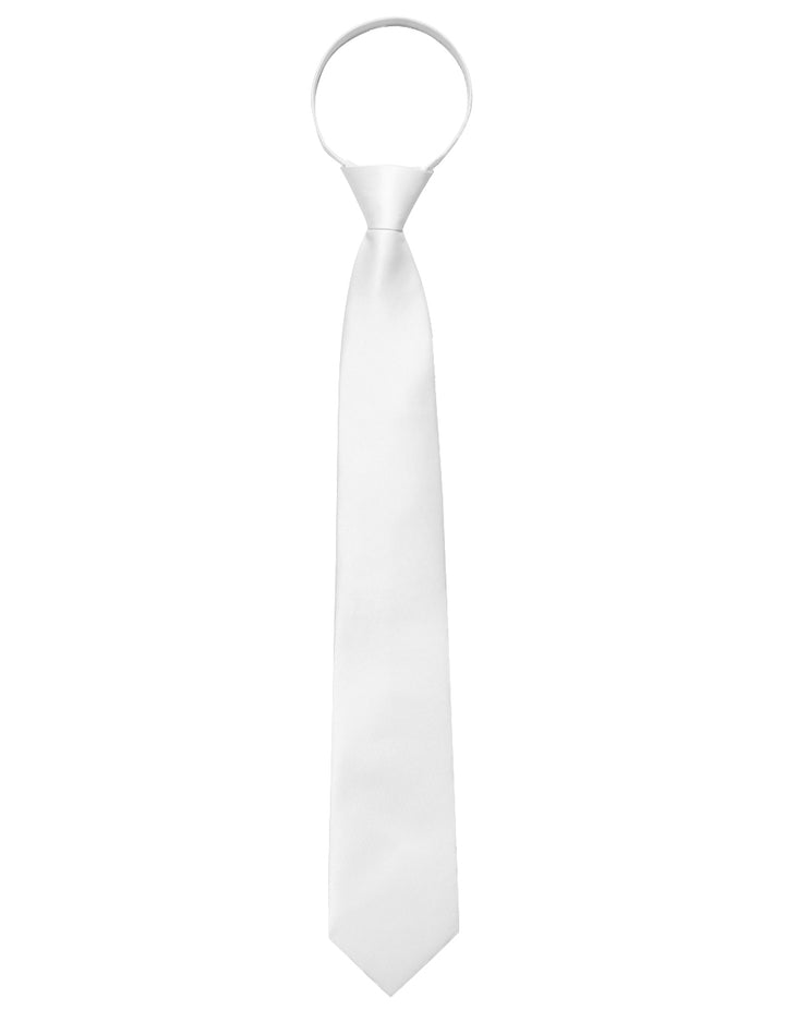 White Solid Silk Zipper Pre-tied Necktie Pocket Square Set