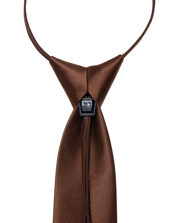  Brown Solid Silk Adjustable Zipper Pre-tied Necktie Hanky Set