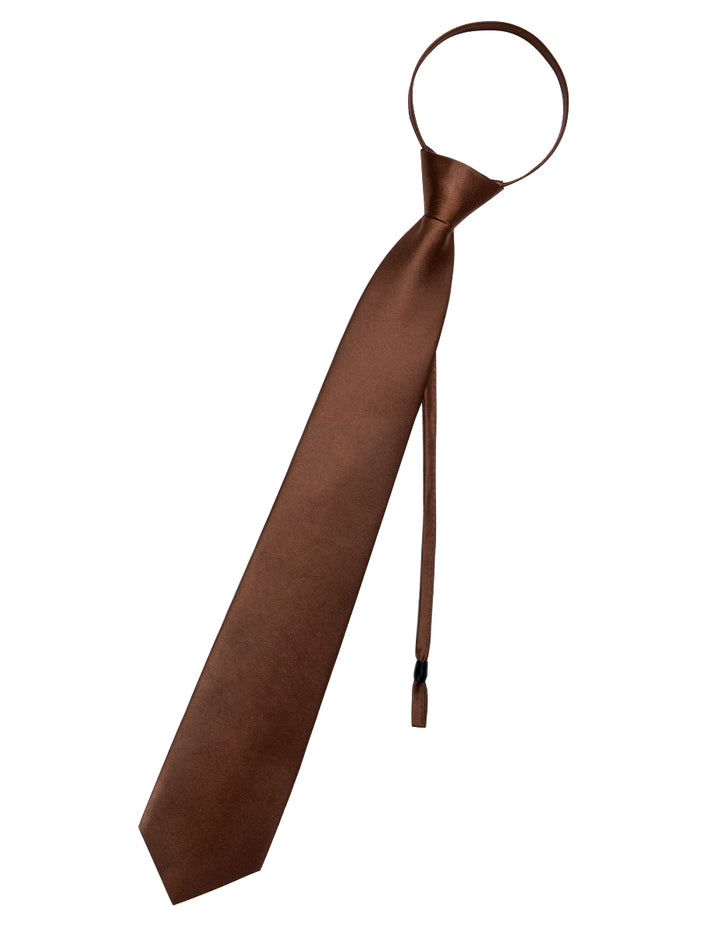  Brown Solid Silk Adjustable Zipper Pre-tied Necktie Hanky Set