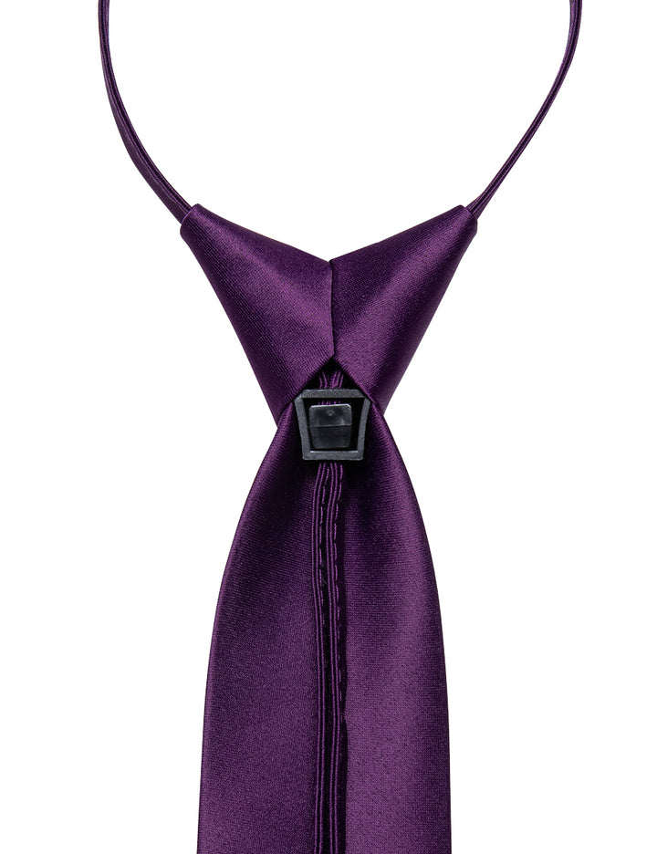 Deep Purple Solid Silk Zipper Pre-tied Tie Pocket Square Set