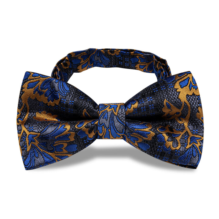 Dark Grey Blue Floral Pre-tied Bowtie Necktie Golden Clip Set