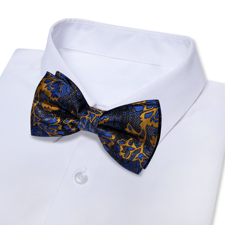 Dark Grey Blue Floral Pre-tied Bowtie Necktie Golden Clip Set