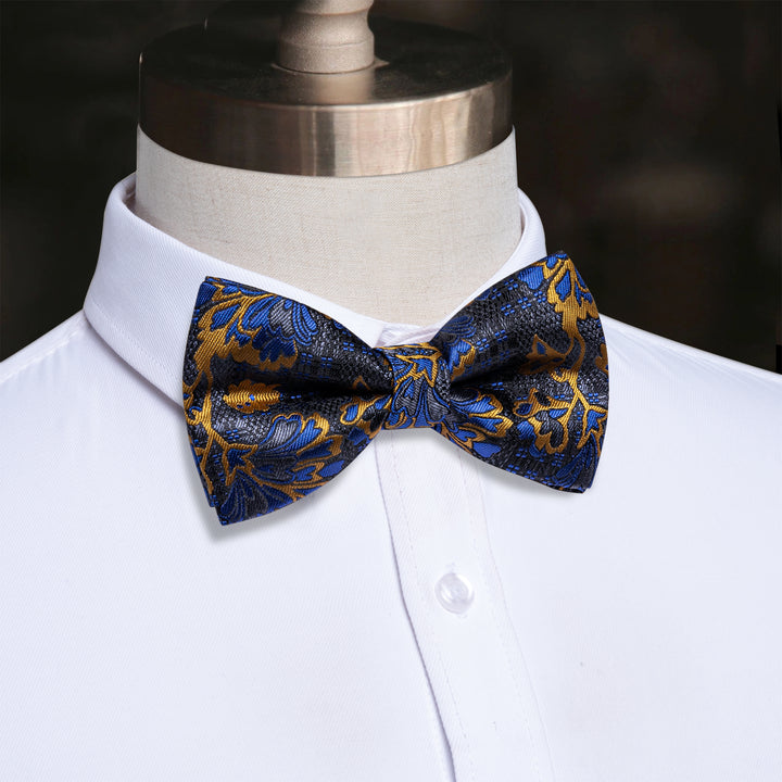  Luxury Deep Blue Necktie Golden Jacquard Floral Silk Bow Tie