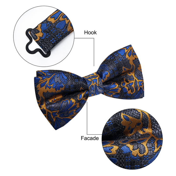  Luxury Deep Blue Necktie Golden Jacquard Floral Silk Bow Tie