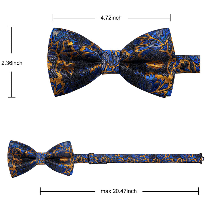  Luxury Deep Blue Necktie Golden Jacquard Floral Silk Bow Tie