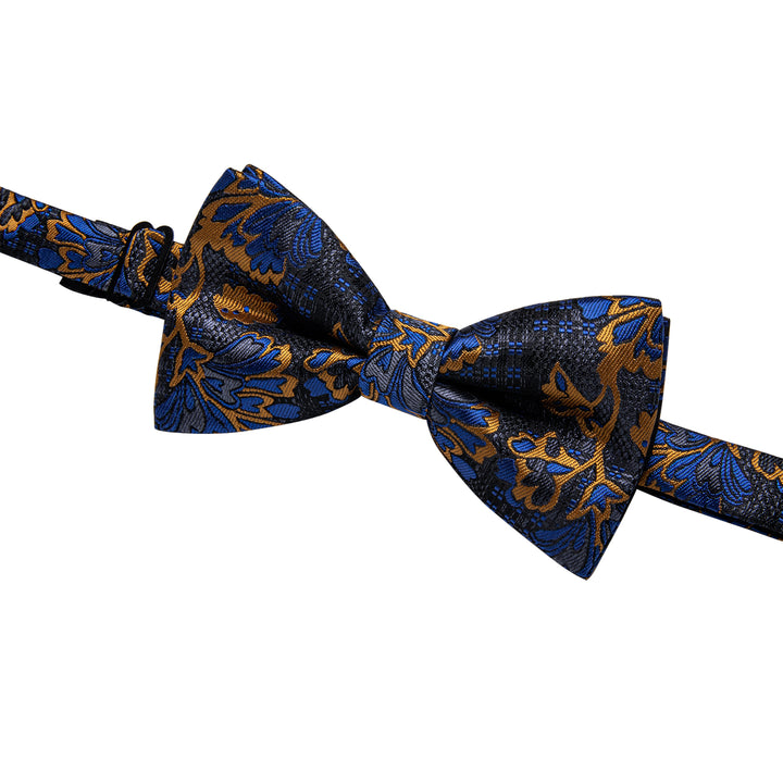  Luxury Deep Blue Necktie Golden Jacquard Floral Silk Bow Tie