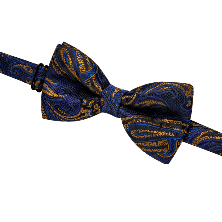  Men's Silk Necktie Navy Blue Golden Paisley Pre-tied Bowtie