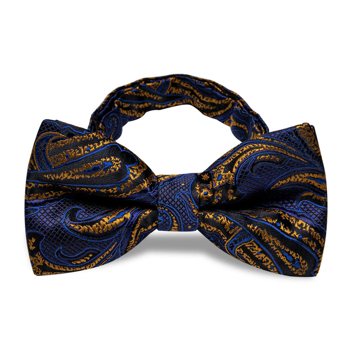  Men's Silk Necktie Navy Blue Golden Paisley Pre-tied Bowtie