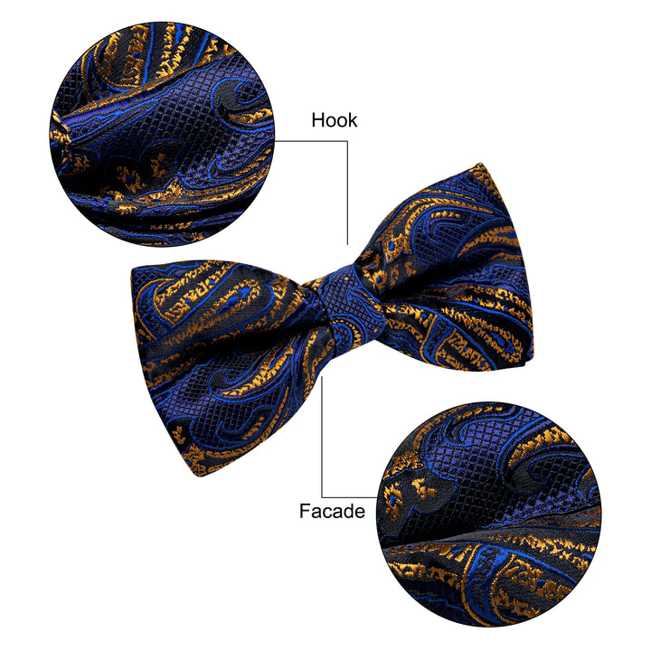  Men's Silk Necktie Navy Blue Golden Paisley Pre-tied Bowtie