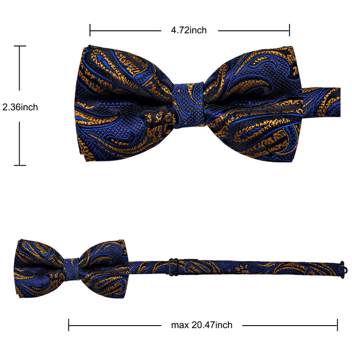  Men's Silk Necktie Navy Blue Golden Paisley Pre-tied Bowtie