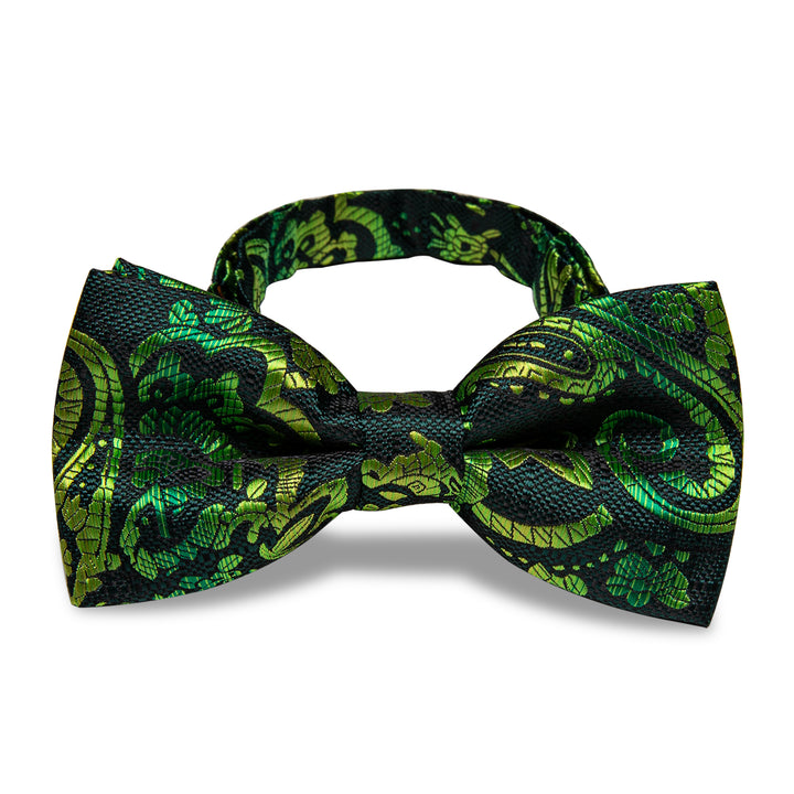 Dark Green Paisley Pre-tied Bowtie and Necktie with Golden Tie Clip Set