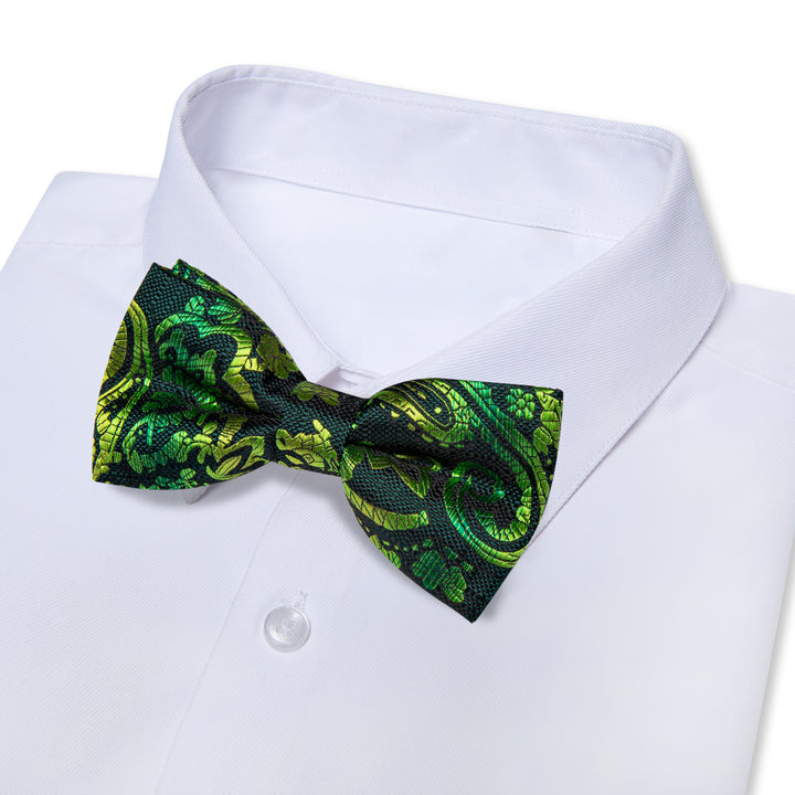 Dark Green Paisley Pre-tied Bowtie and Necktie with Golden Tie Clip Set