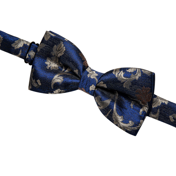 Deep Blue Tie Jacquard Tan Floral Grey Men's Pre-tied Bowtie