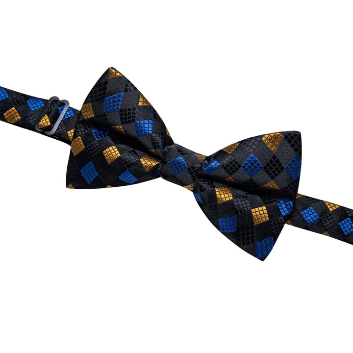  Checkered Tie Black Blue Yellow Cube Plaid Pre-tied Bowtie