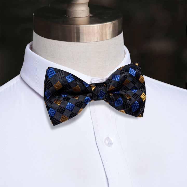  Checkered Tie Black Blue Yellow Cube Plaid Pre-tied Bowtie