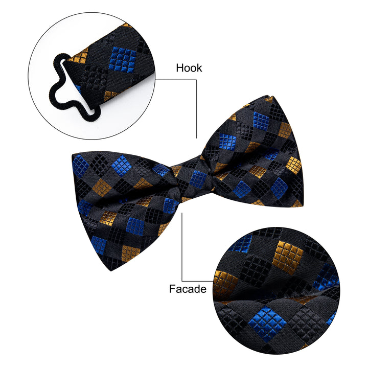  Checkered Tie Black Blue Yellow Cube Plaid Pre-tied Bowtie