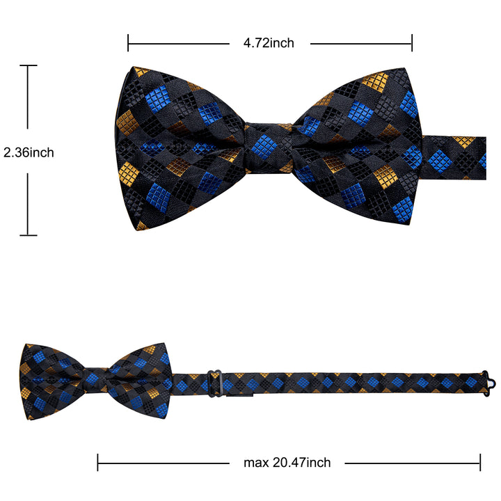  Checkered Tie Black Blue Yellow Cube Plaid Pre-tied Bowtie