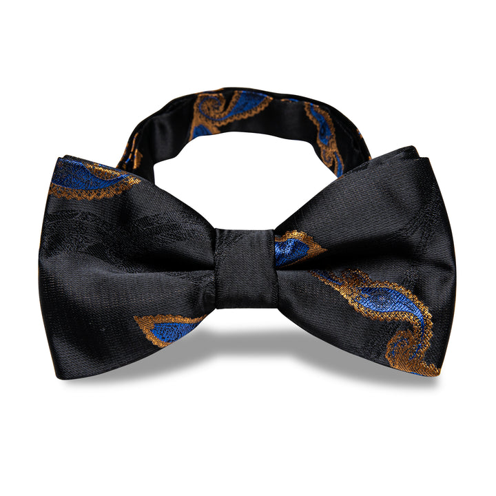 Black Blue Paisley Pre-tied Bow Tie Necktie Golden Tie Clip