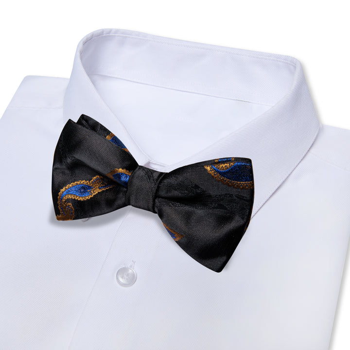 Black Blue Paisley Pre-tied Bow Tie Necktie Golden Tie Clip