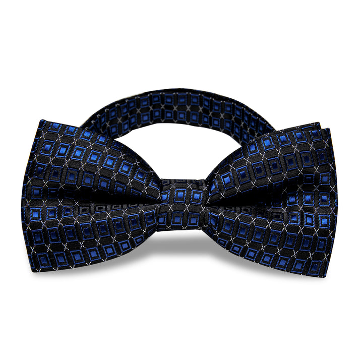 Black Blue Plaid Pre-tied Bowtie Necktie  Golden Tie Clip Set