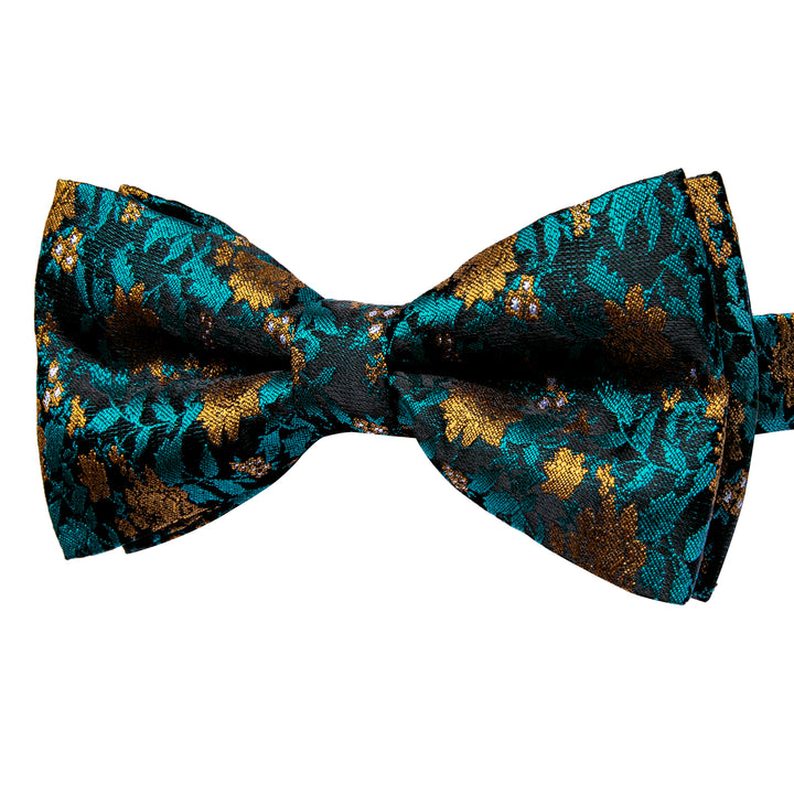 Peacock Blue Bow Tie Golden Floral Mens Silk Pre-tied Bowtie