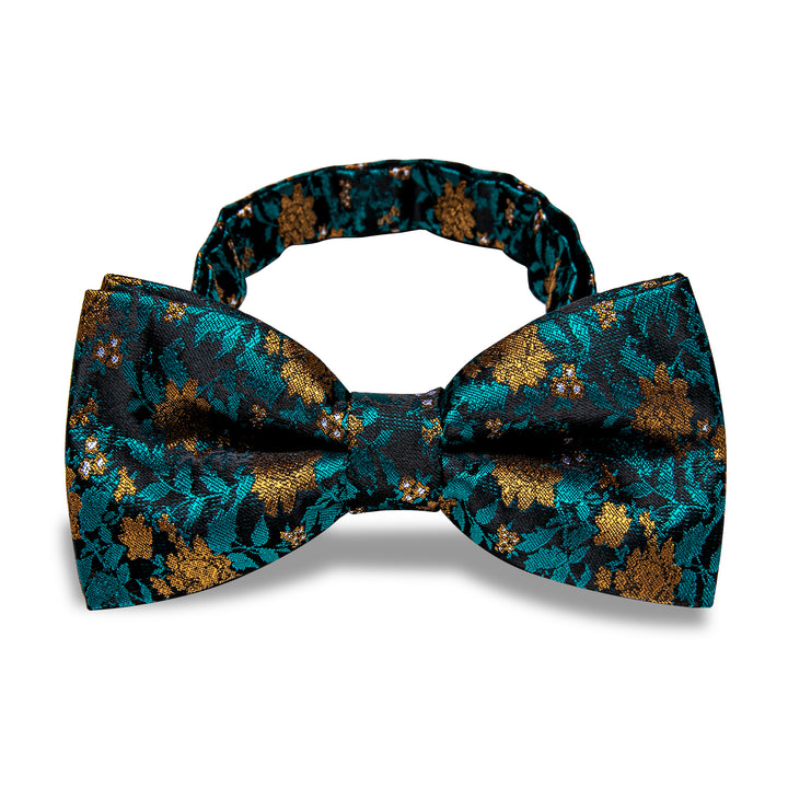 Peacock Blue Bow Tie Golden Floral Mens Silk Pre-tied Bowtie