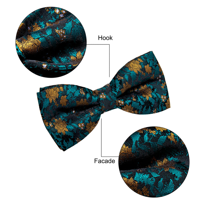 Peacock Blue Bow Tie Golden Floral Mens Silk Pre-tied Bowtie