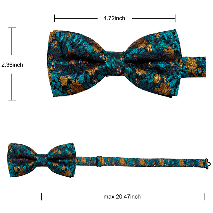 Peacock Blue Bow Tie Golden Floral Mens Silk Pre-tied Bowtie