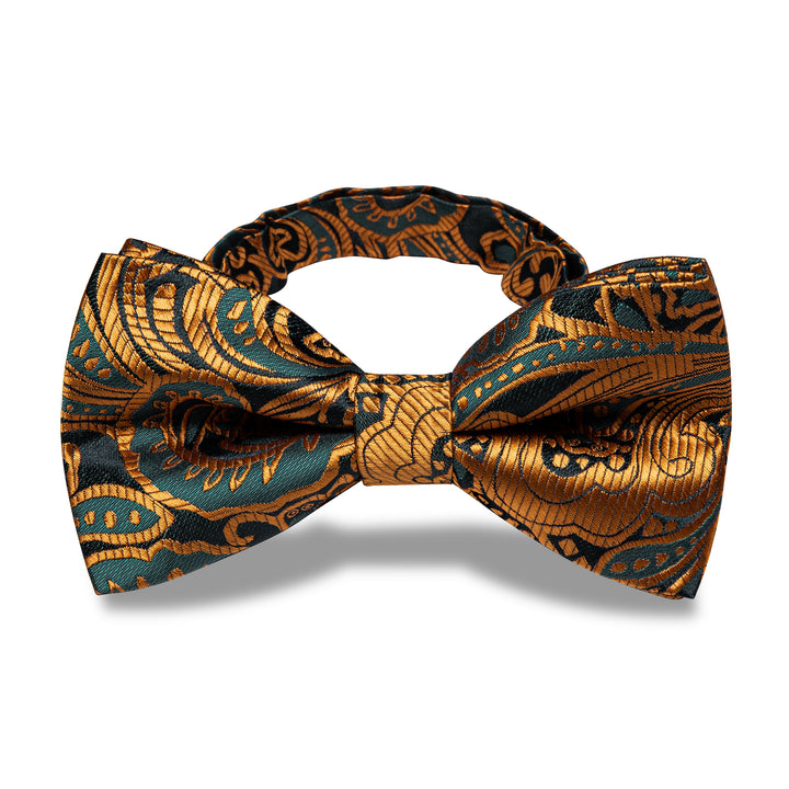 Golden Green Paisley Pre-tied Bow Tie Necktie Golden Clip Set