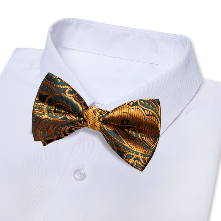 Golden Green Paisley Pre-tied Bow Tie Necktie Golden Clip Set