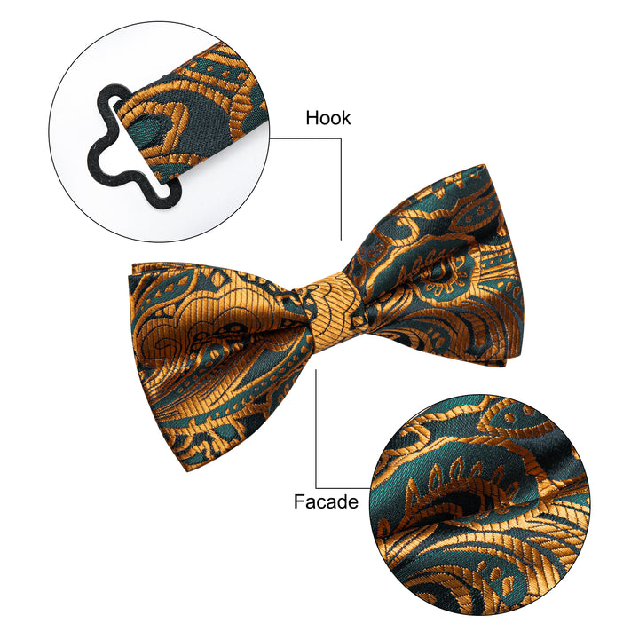 Luxury Necktie Golden Green Paisley Pre-tied Bow Tie for Men